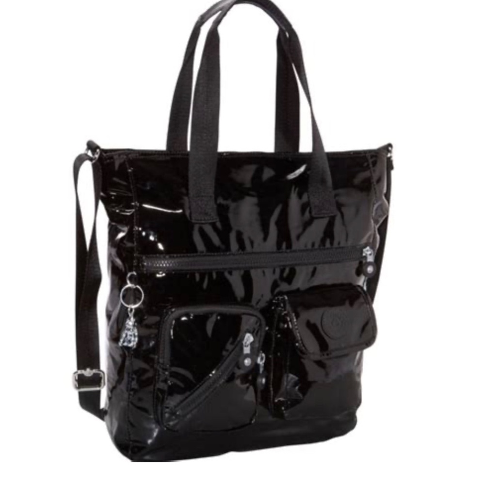 Kipling Joslyn Tote Black Patent Coated Nylon Crossbody Shoulder Silver Monkey